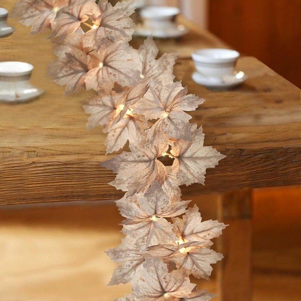 2 Pack Fall Garland w/ Lights - 8.2Ft Maple Leaf Garland for Thanksgiving Decor